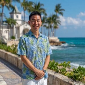 モンステラ＆バナナリーフ柄 アロハシャツ / ブルー