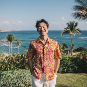 モンステラ＆バナナリーフ柄 アロハシャツ / オレンジ