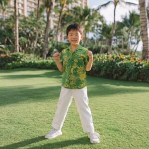 モンステラ バナナリーフ柄 キッズアロハ / グリーン 1歳〜12歳