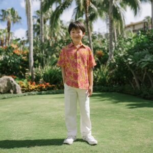 モンステラ バナナリーフ柄 キッズアロハ / オレンジ 1歳〜12歳