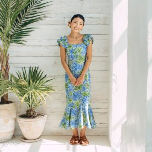 モンステラ＆バナナリーフ柄 ラッフルミドルドレス / ブルー