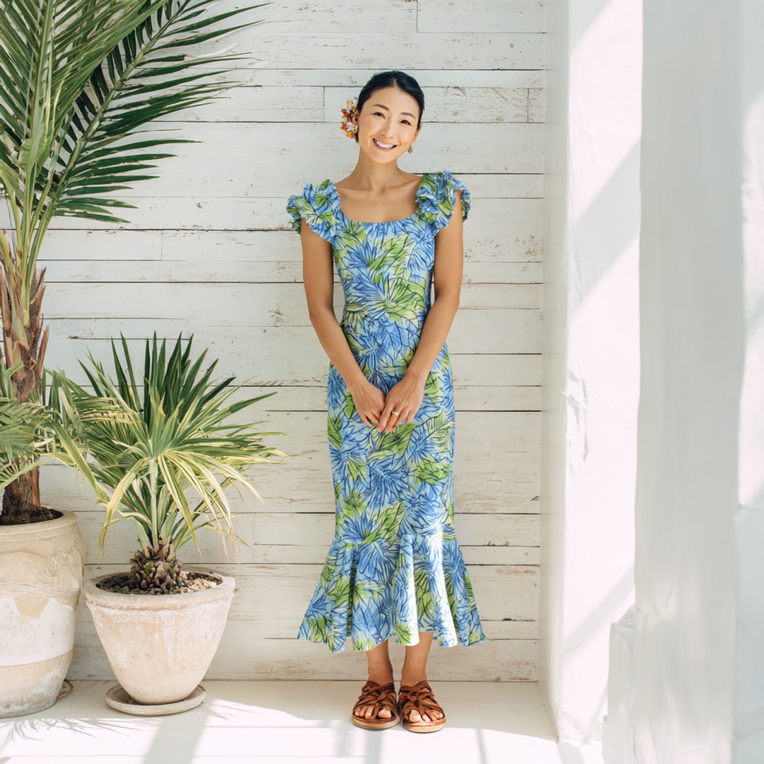 モンステラ&バナナリーフ柄 ラッフルミドルドレス / ブルー
