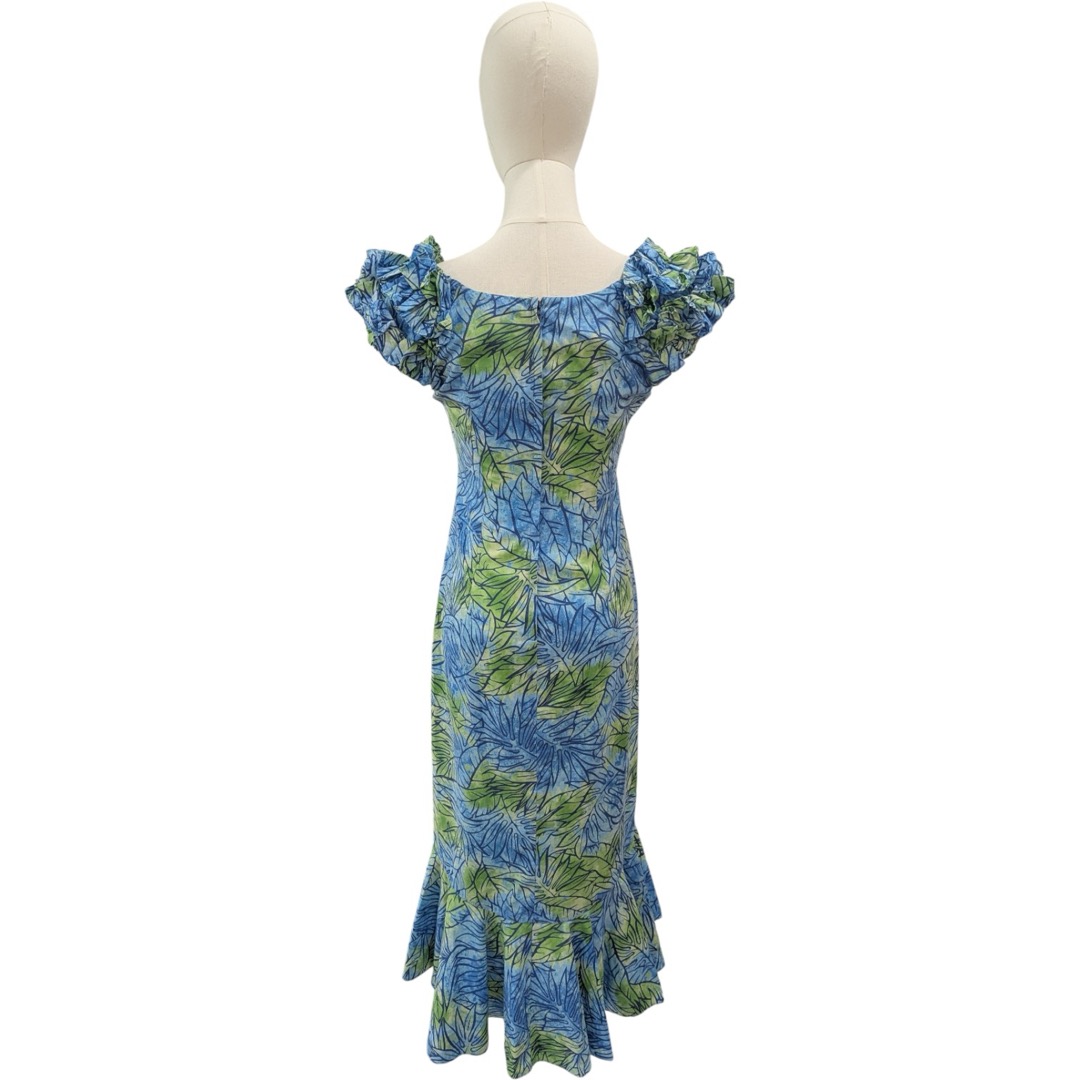 モンステラ&バナナリーフ柄 ラッフルミドルドレス / ブルー - 画像 (4)