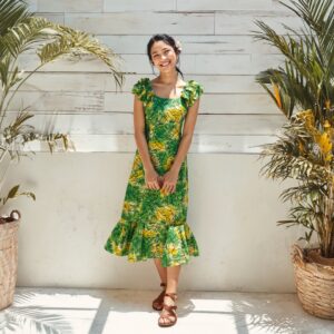 モンステラ＆バナナリーフ柄 ラッフルミドルドレス / グリーン