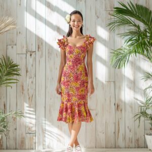 モンステラ＆バナナリーフ柄 ラッフルミドルドレス / オレンジ