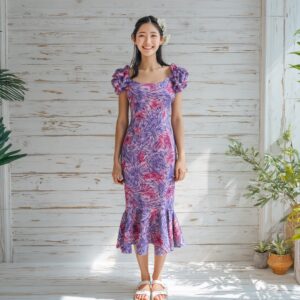 モンステラ＆バナナリーフ柄 ラッフルミドルドレス / パープル