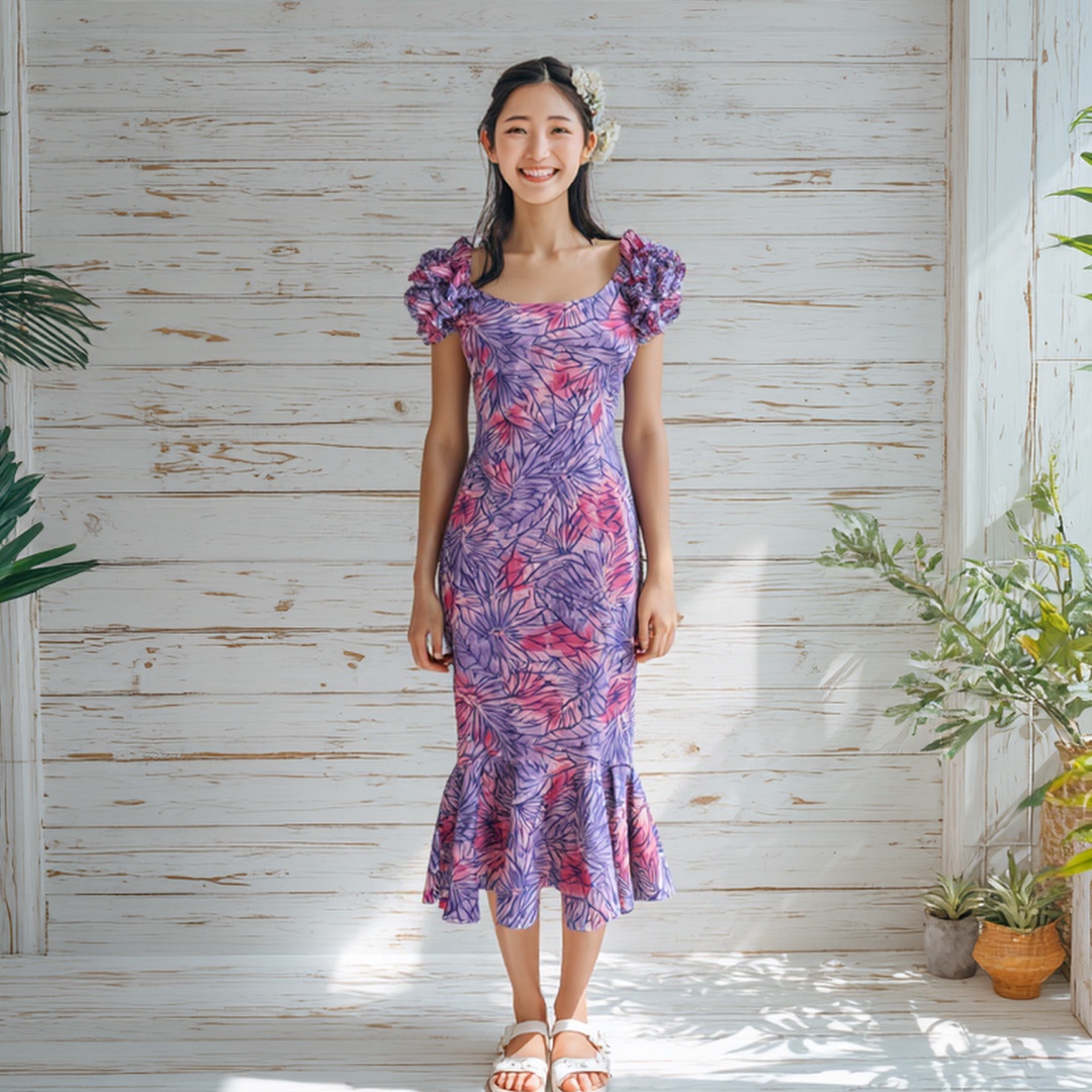 モンステラ&バナナリーフ柄 ラッフルミドルドレス / パープル