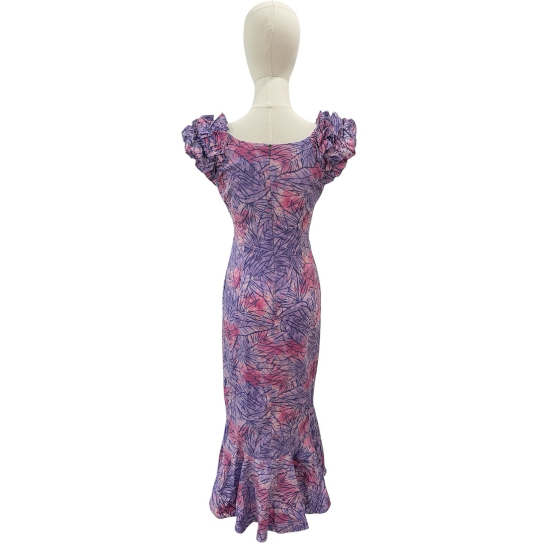 モンステラ&バナナリーフ柄 ラッフルミドルドレス / パープル - 画像 (3)