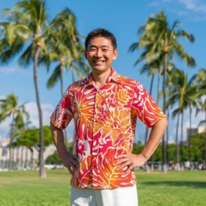 モンステラ リーフ柄 アロハシャツ / オレンジ