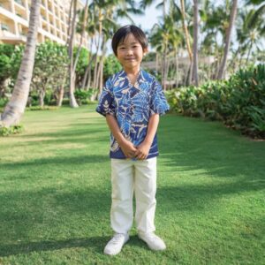 モンステラ リーフ柄 キッズアロハ / ブルー 3ヶ月〜12歳