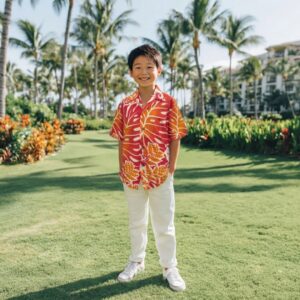 モンステラ リーフ柄 キッズアロハ / オレンジ 3ヶ月〜12歳