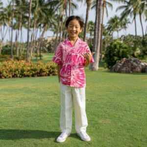 モンステラ リーフ柄 キッズアロハ / ピンク 3ヶ月〜12歳