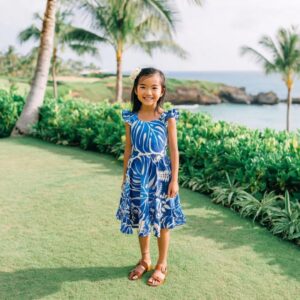 モンステラ リーフ柄 キッズドレス / ブルー 6ヶ月〜8歳