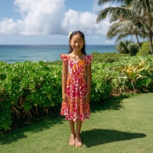 モンステラ リーフ柄 キッズドレス / オレンジ 6ヶ月〜8歳