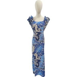 モンステラ リーフ柄 ラッフル ロングドレス / ブルー