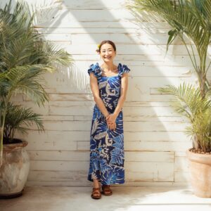 モンステラ リーフ柄 ラッフル ロングドレス / ブルー