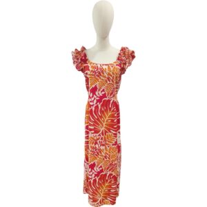 モンステラ リーフ柄 ラッフル ロングドレス / オレンジ