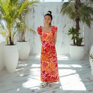 モンステラ リーフ柄 ラッフル ロングドレス / オレンジ