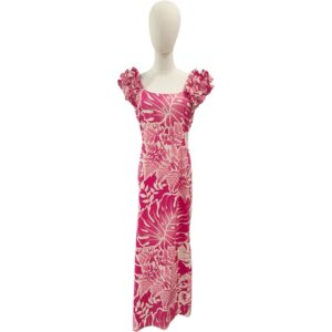 モンステラ リーフ柄 ラッフル ロングドレス / ピンク