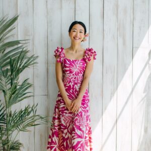 モンステラ リーフ柄 ラッフル ロングドレス / ピンク